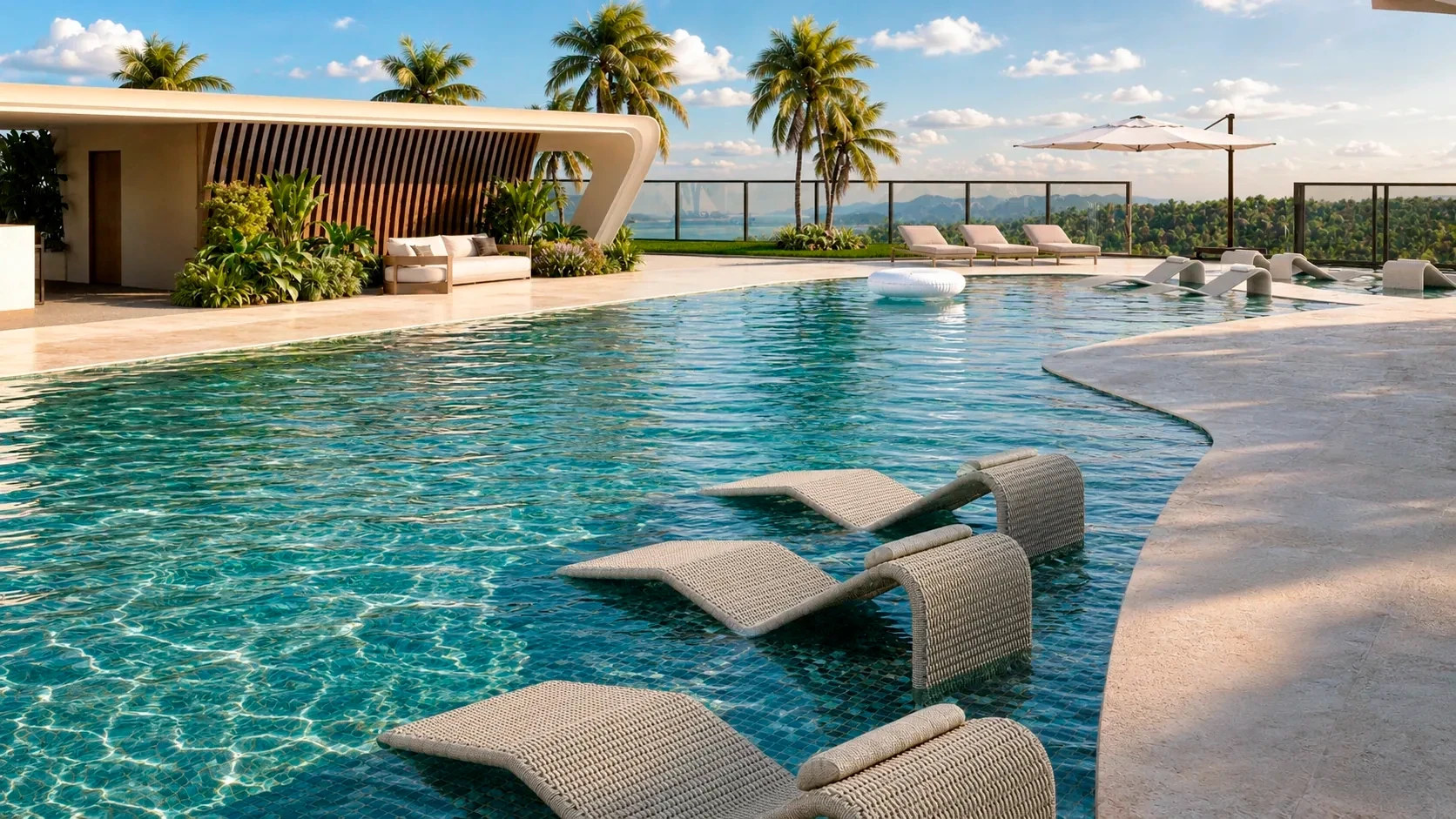 Infinity pool and cabanas, day to night