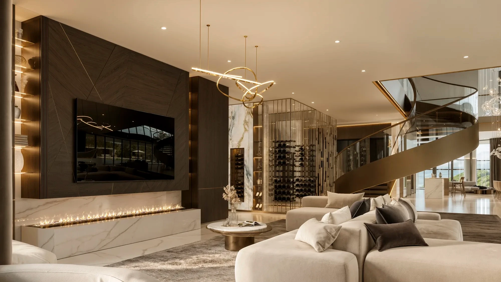 Great room with a sculptural stair and wine wall