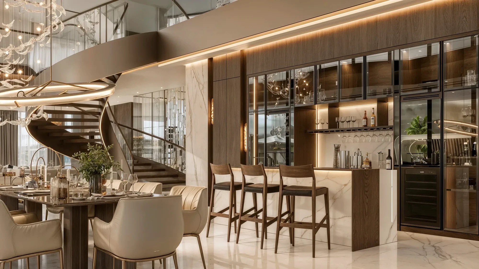 Open kitchen with a stone island and bar seating