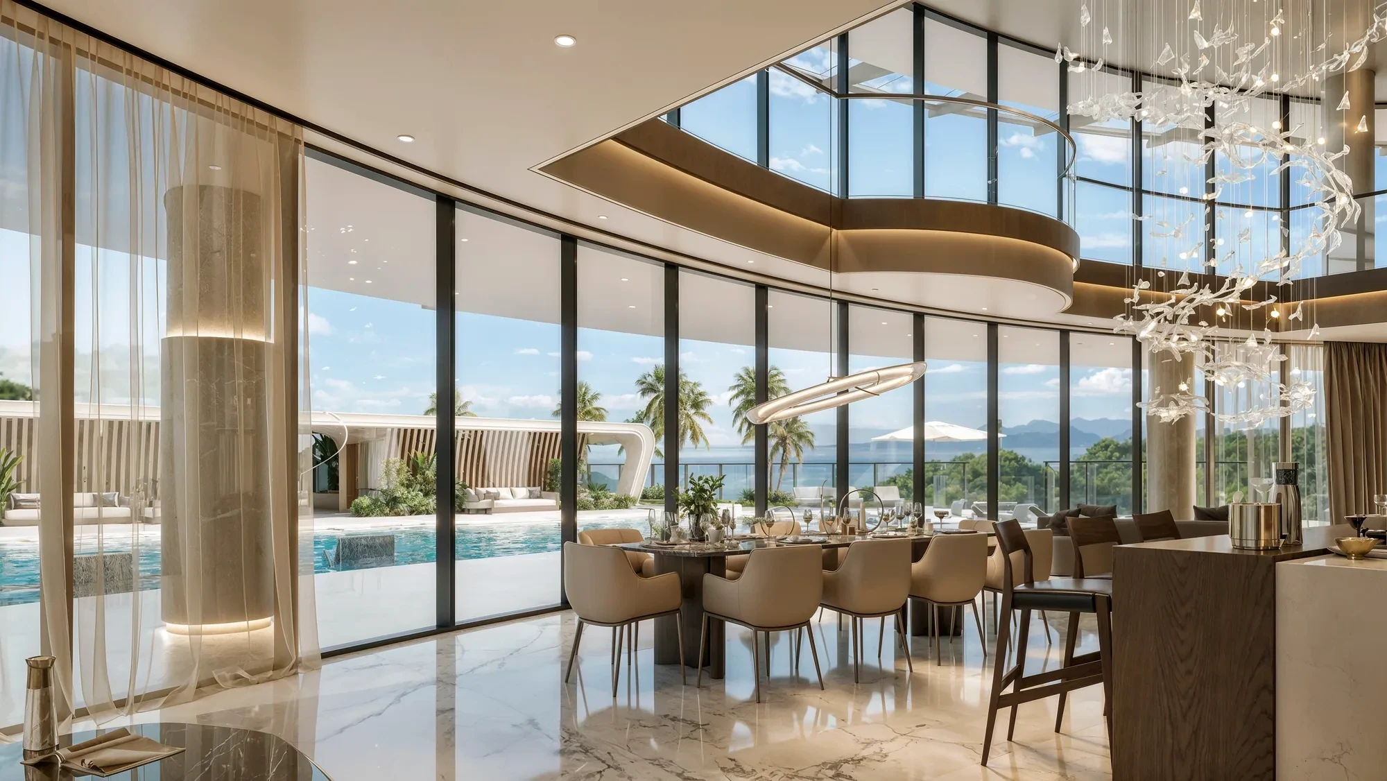 Curved dining room over the pool
