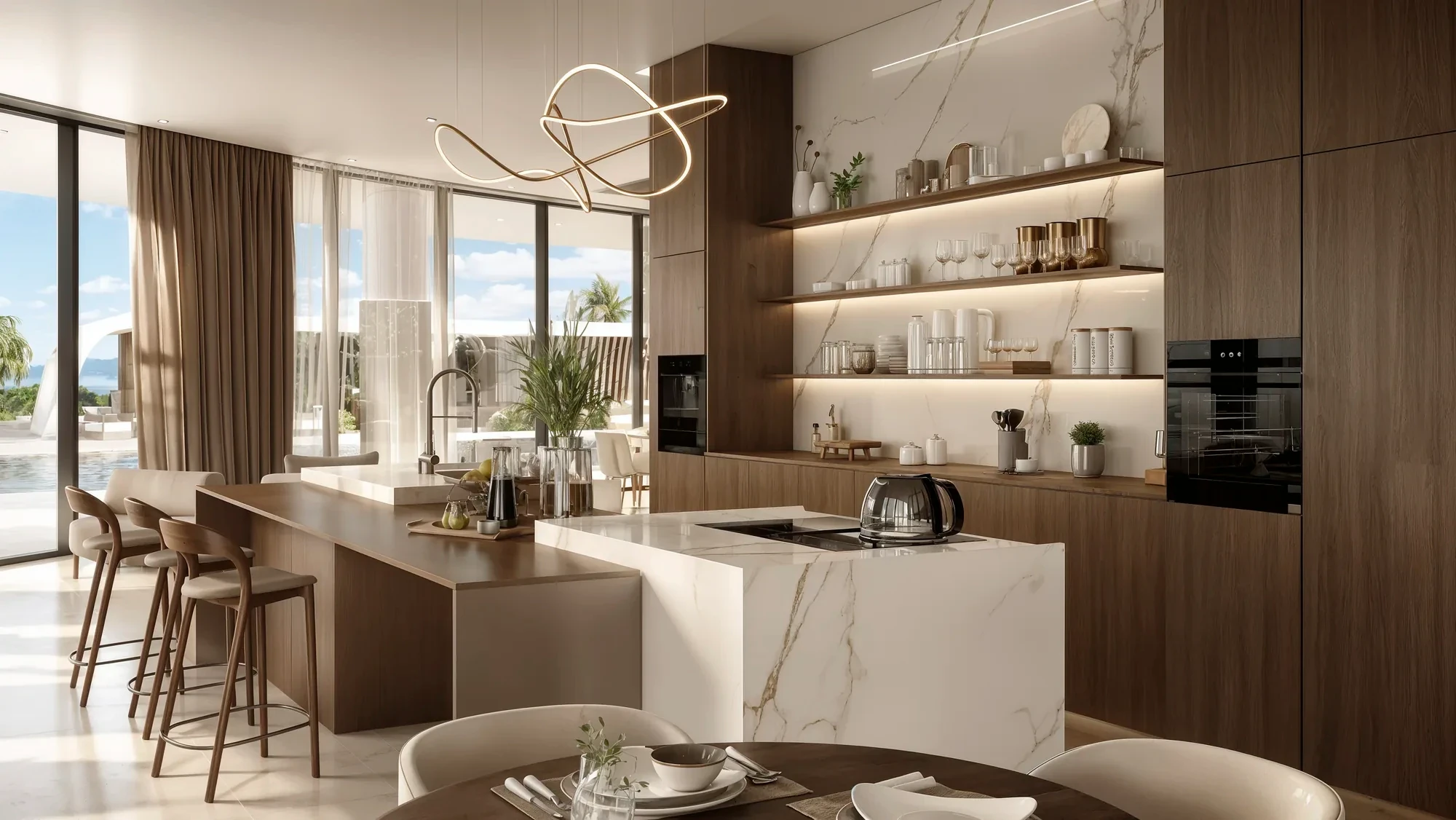 Kitchen and living space framing the water