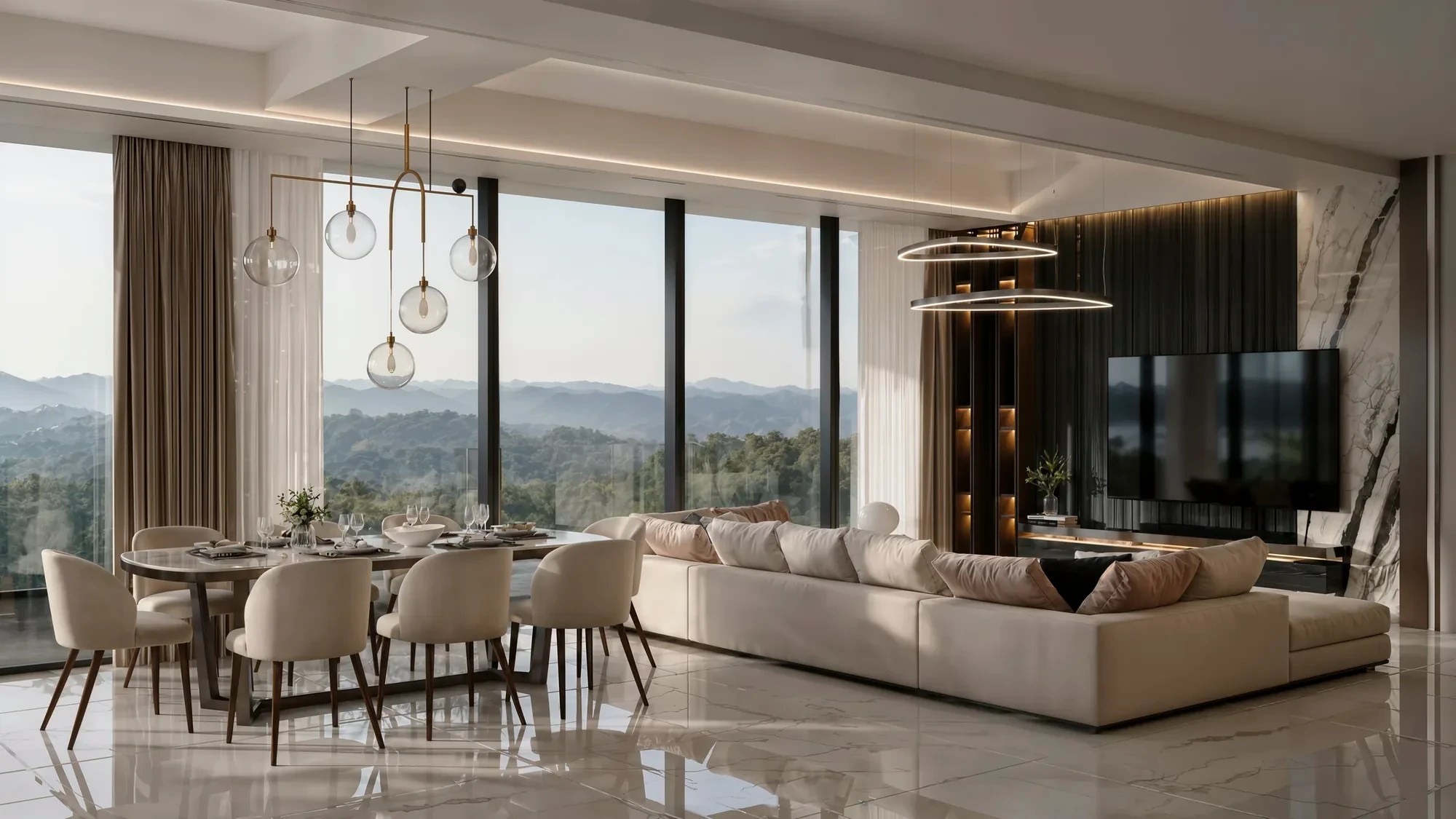 Dining room with a view to the hills