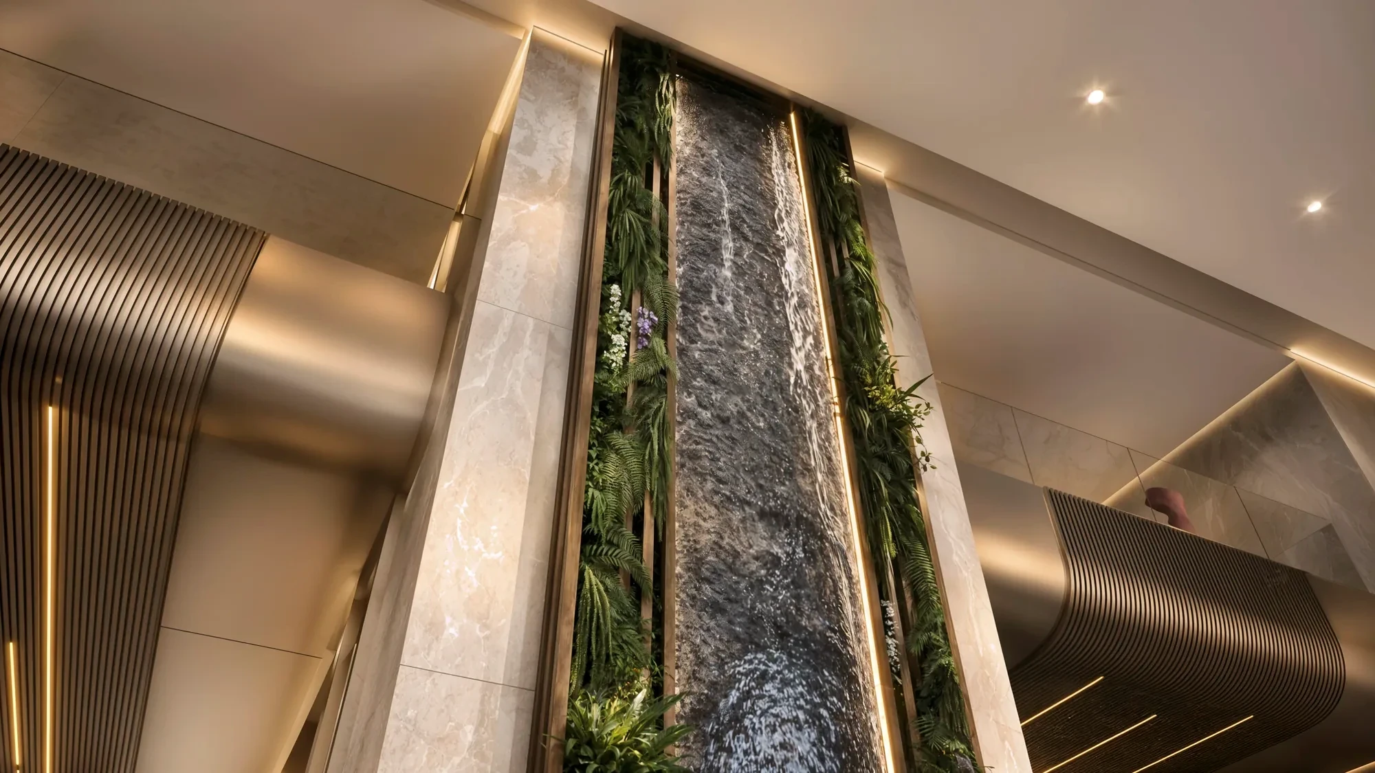 Water wall detail in the foyer