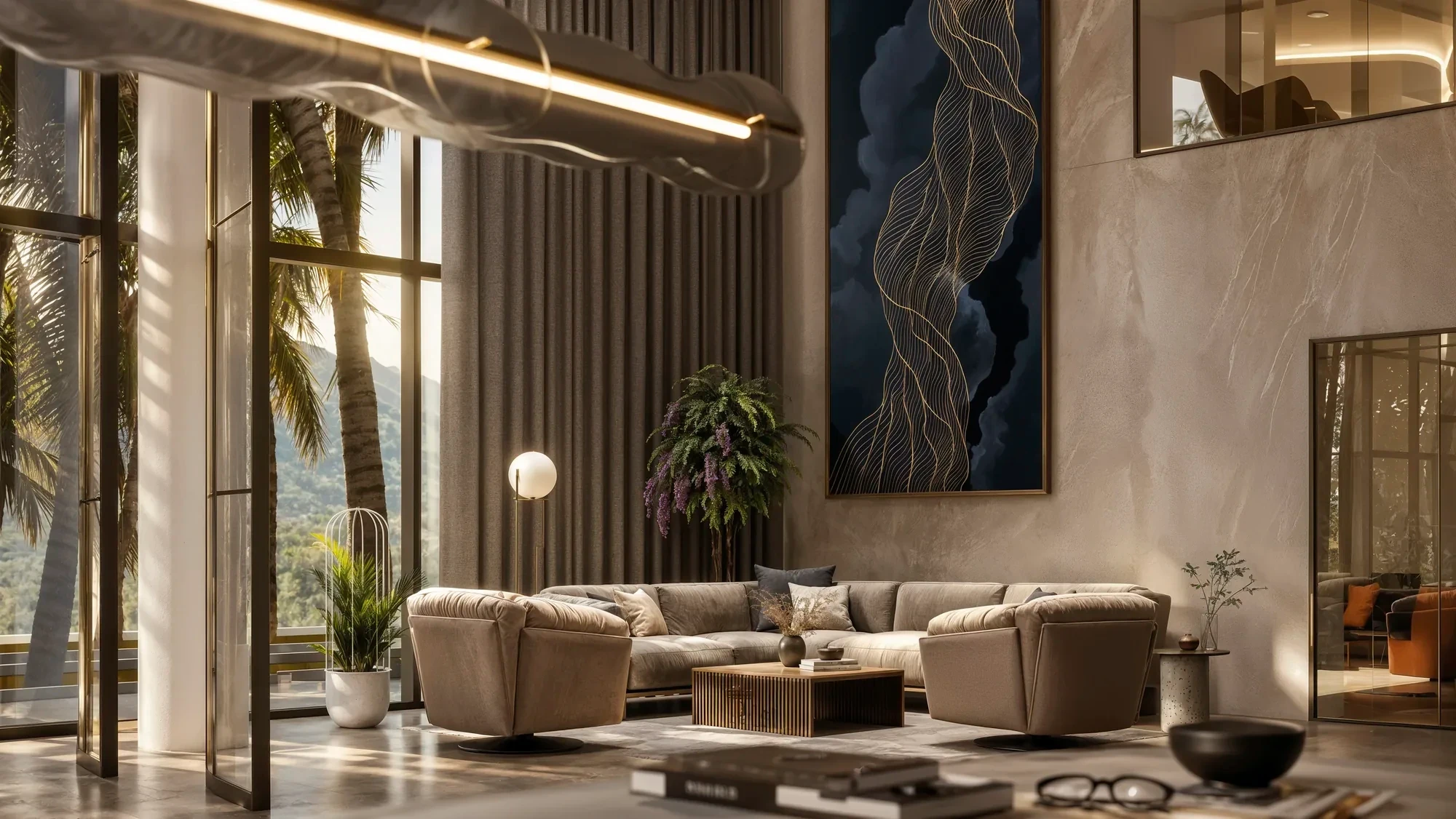 Lobby lounge beside a stone water wall