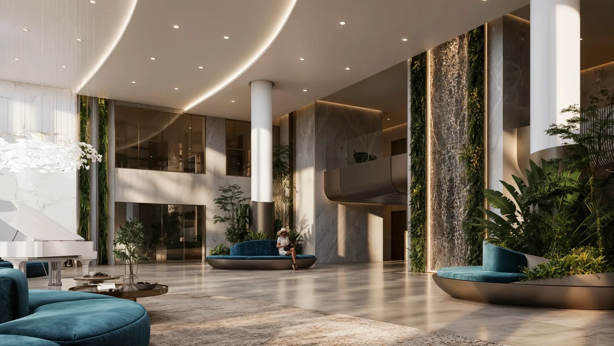 Resort lobby with planted columns and lounge seating