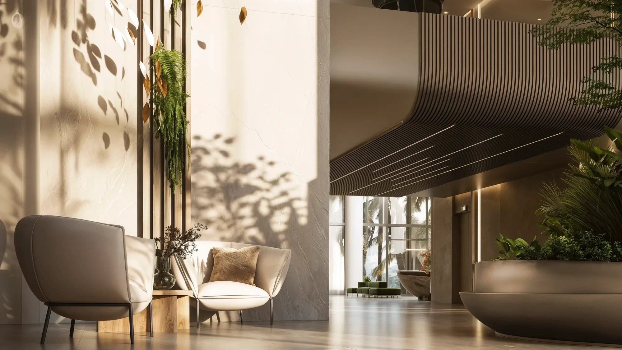 Lobby seating under a sculptural ceiling