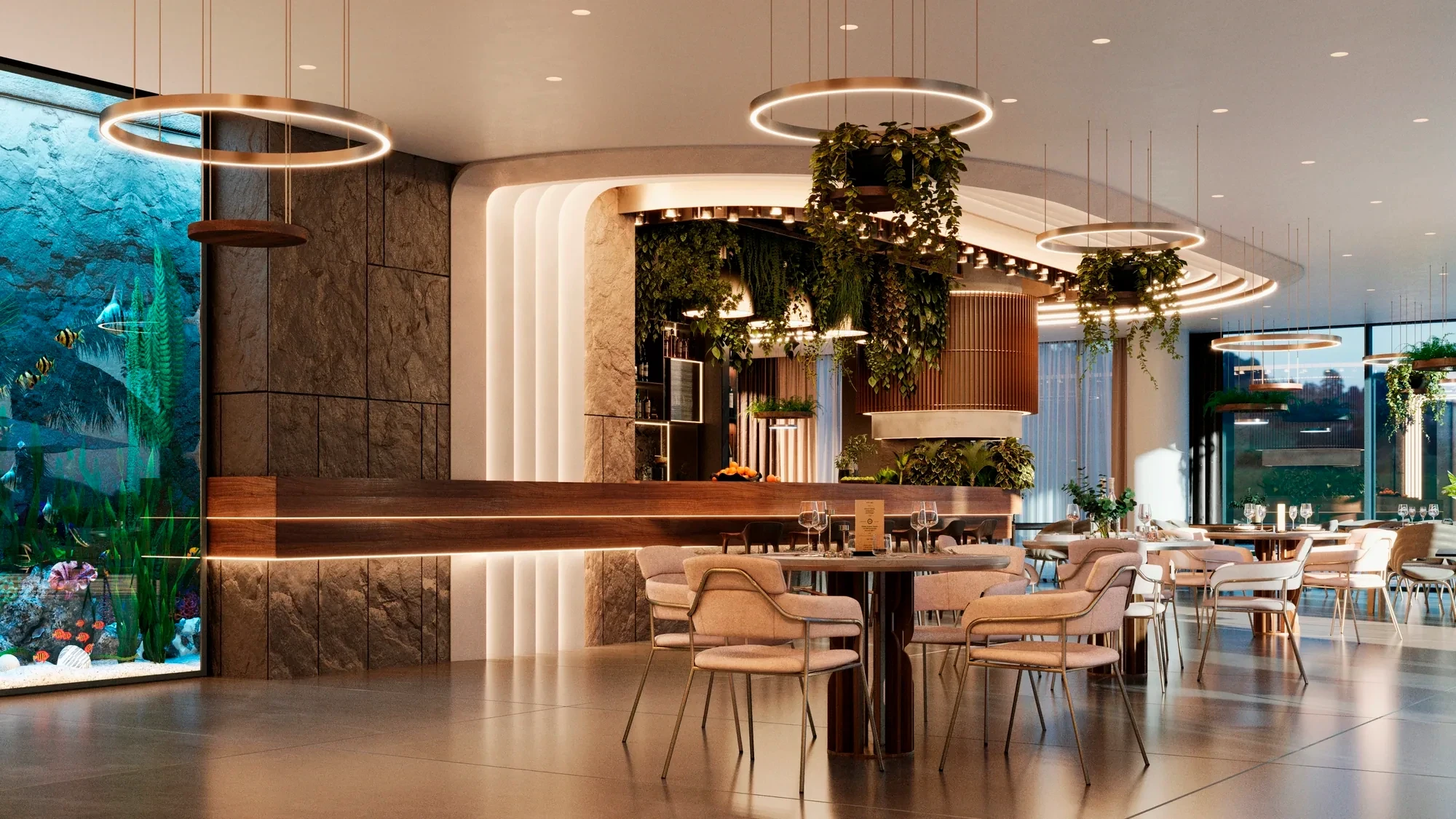 Bar and lounge in warm wood