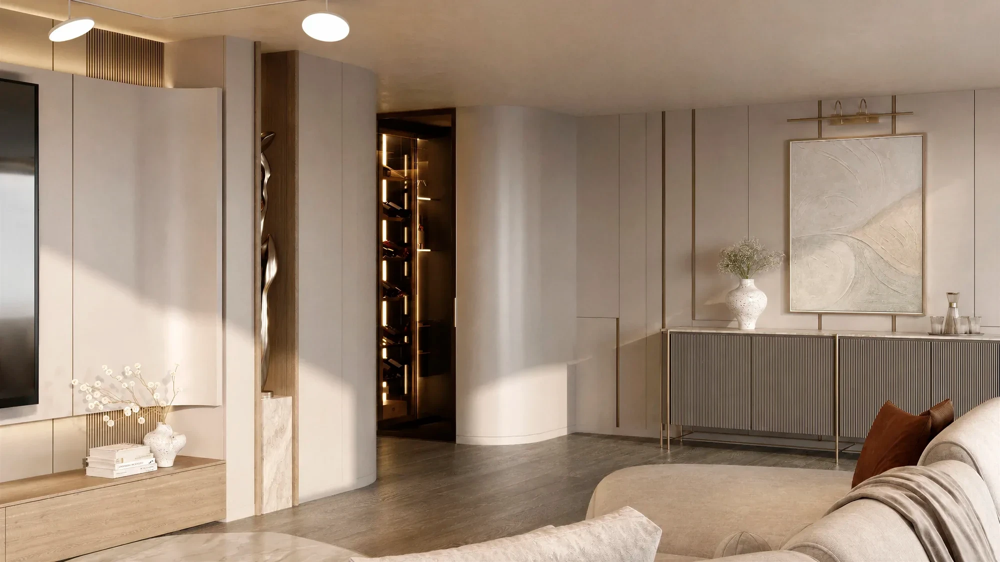Dressing hall in warm wood and stone
