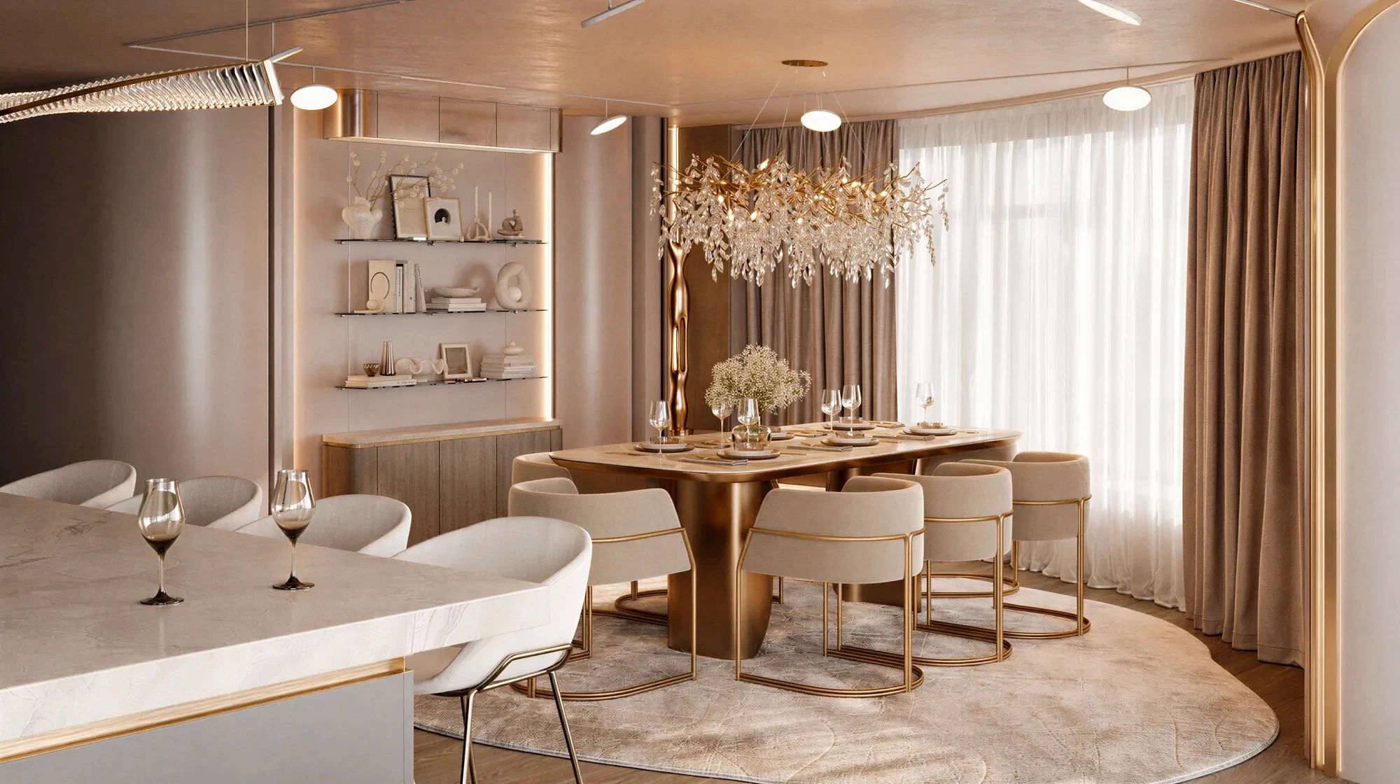 Dining room beneath a sculptural chandelier