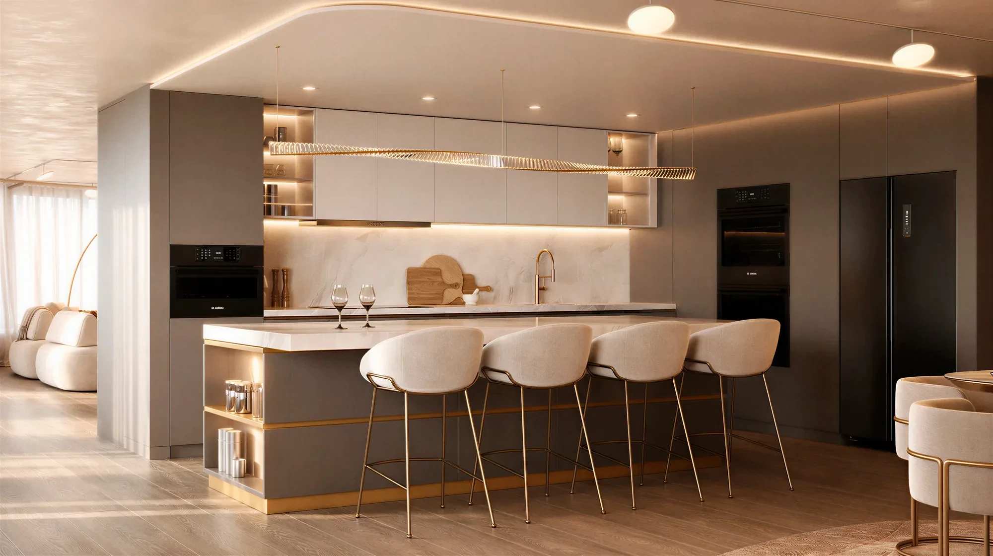 Kitchen with a stone island and bar seating