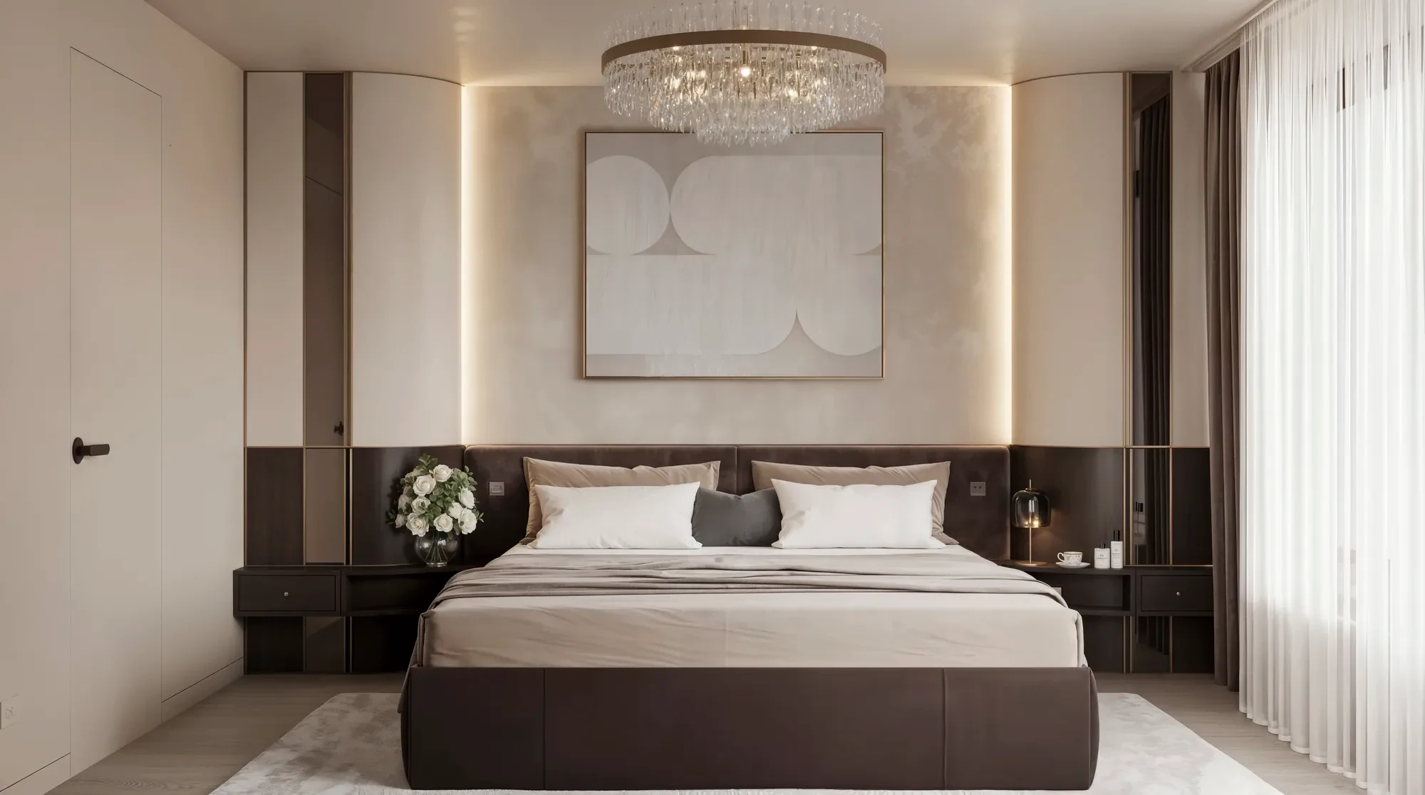 Primary bedroom with a floating headboard wall