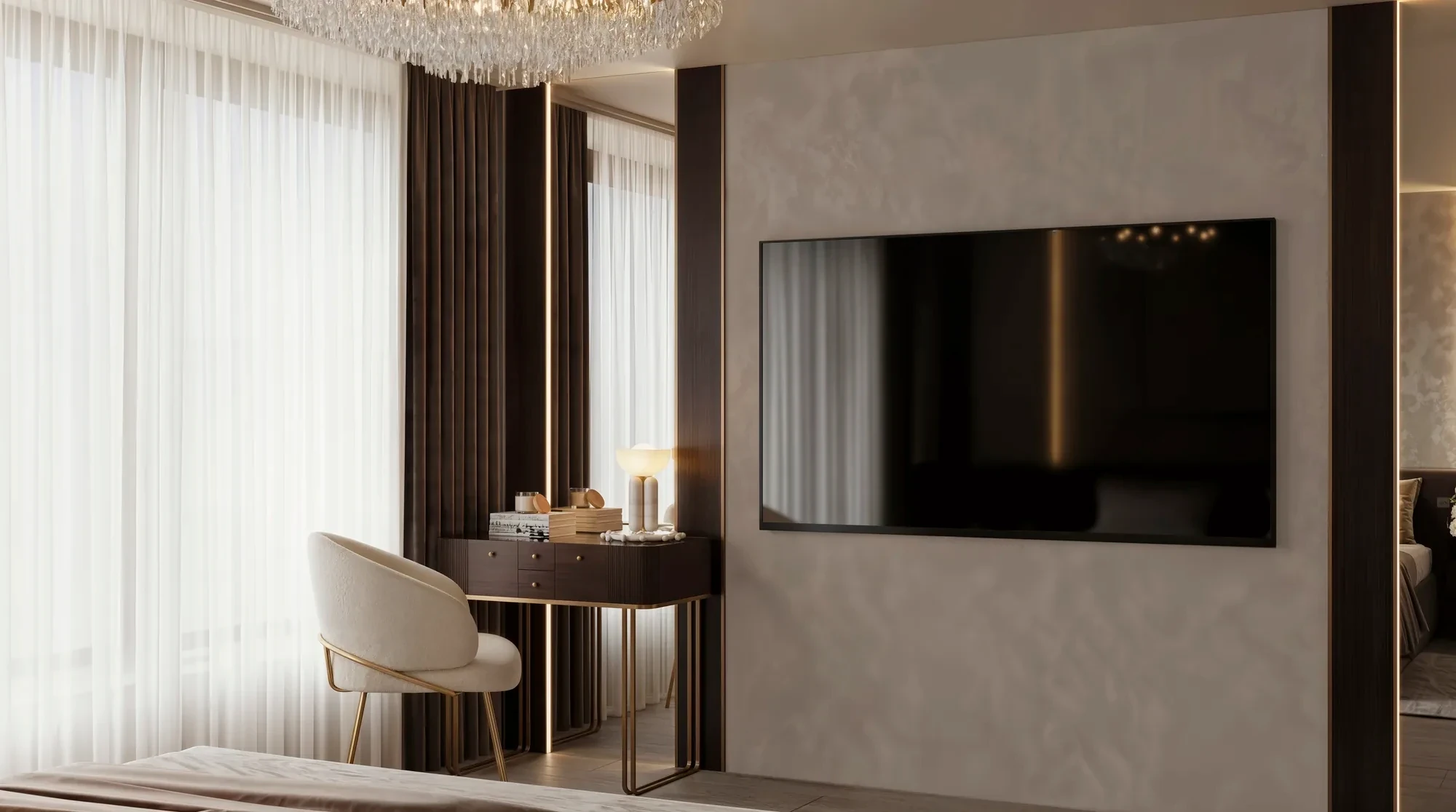 Vanity and media wall in the bedroom