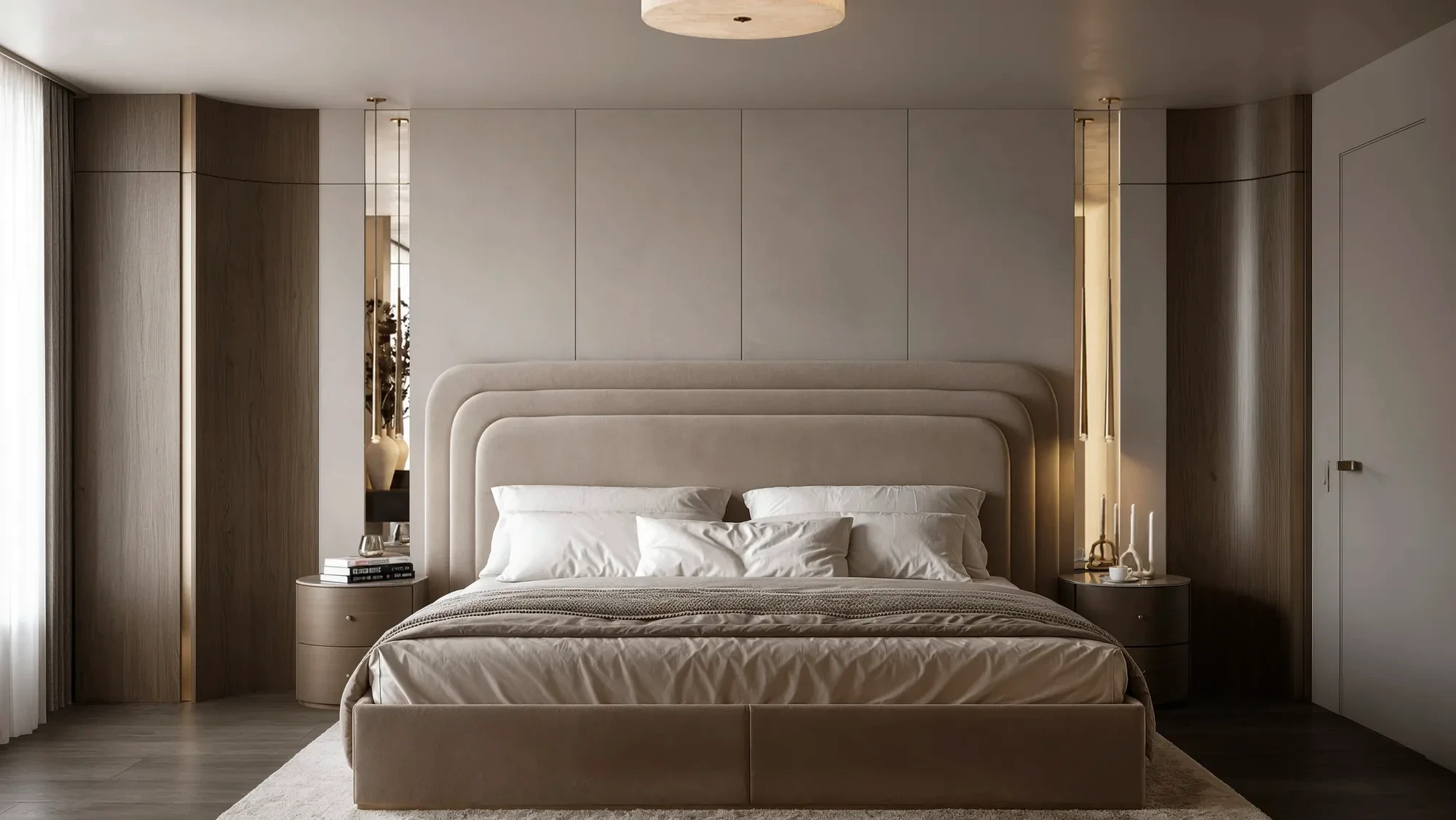 Primary bedroom with an upholstered headboard