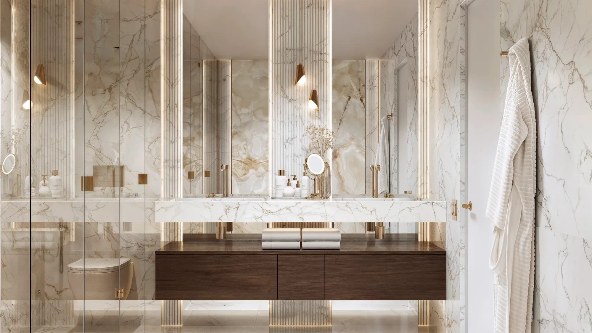 Book matched marble bath with brass fittings