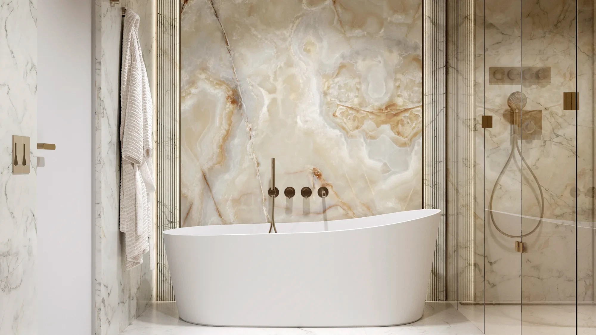 Freestanding tub in an onyx bath