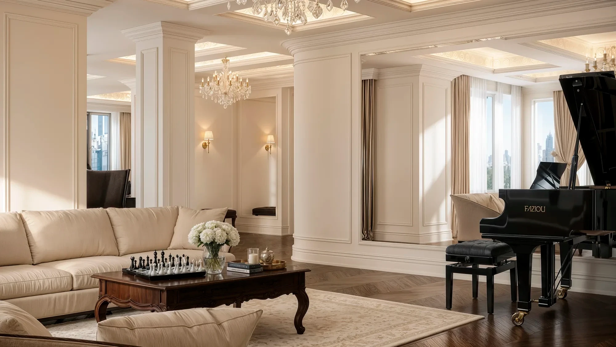 Living room with a grand piano and Central Park views