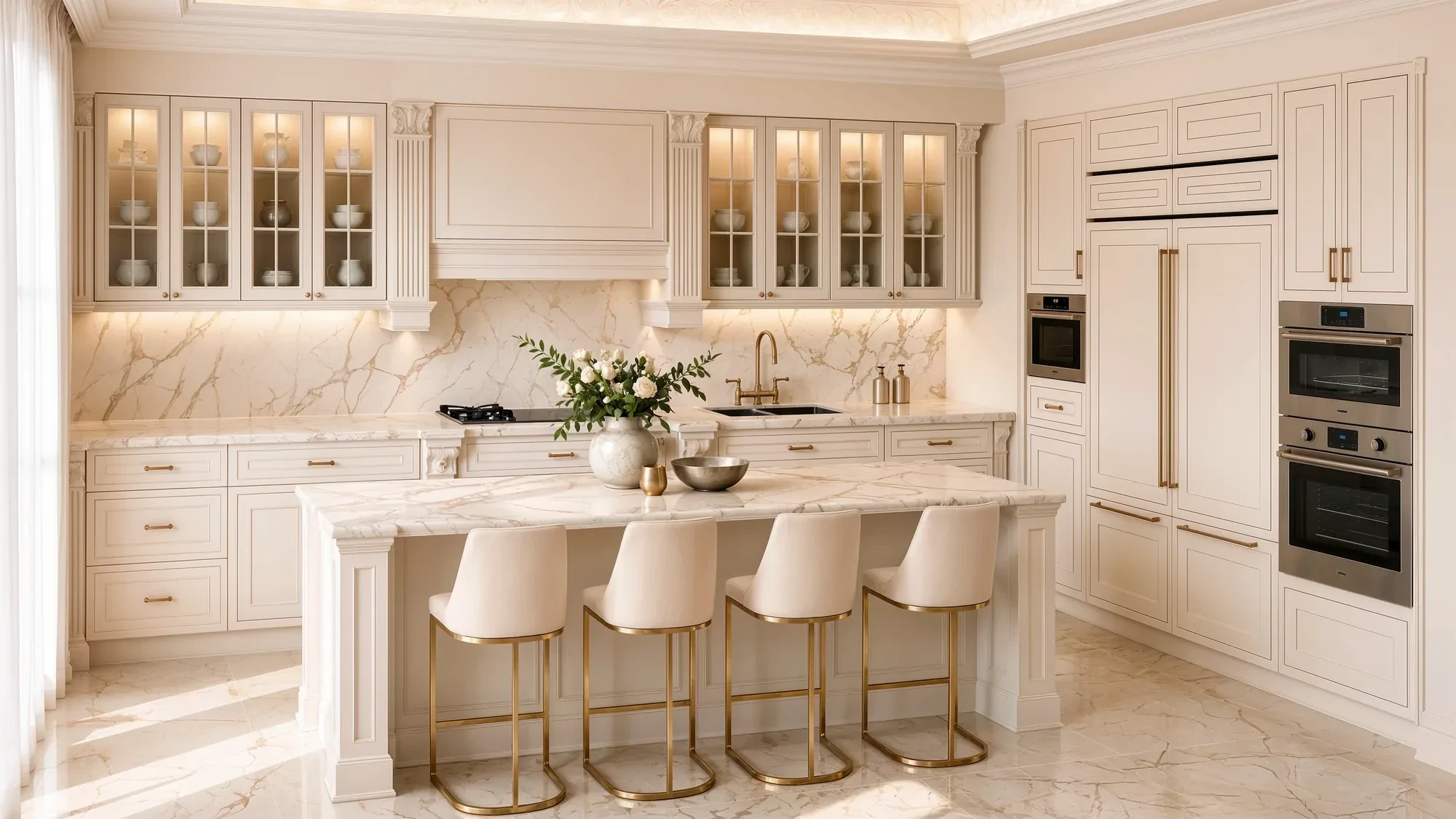White paneled kitchen with marble island