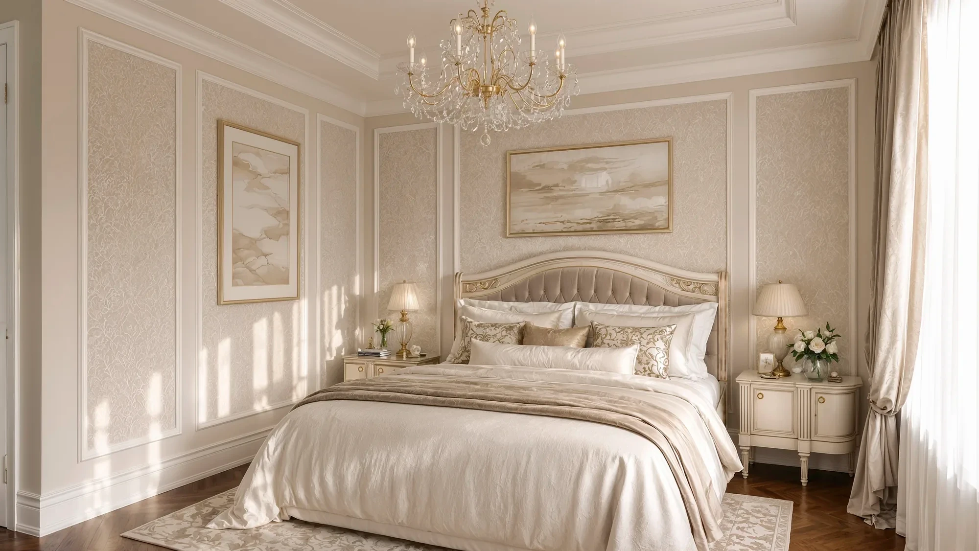 Bedroom in soft neutrals with framed art