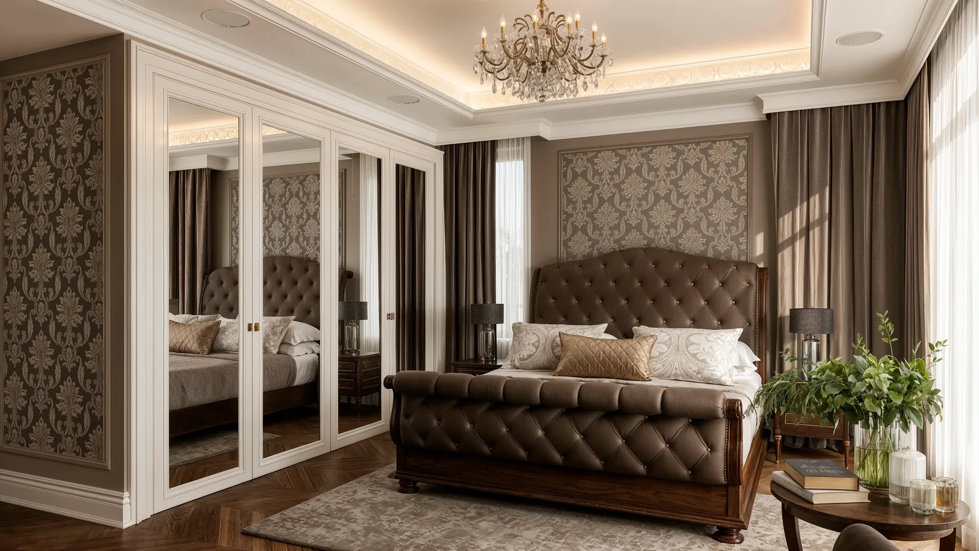 Primary bedroom with a tufted leather bed and mirrored wardrobe