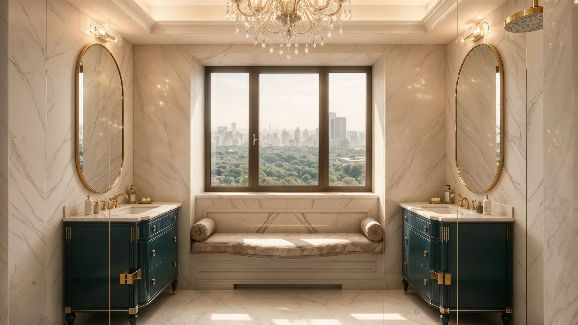 Marble bath with a park view and crystal chandelier