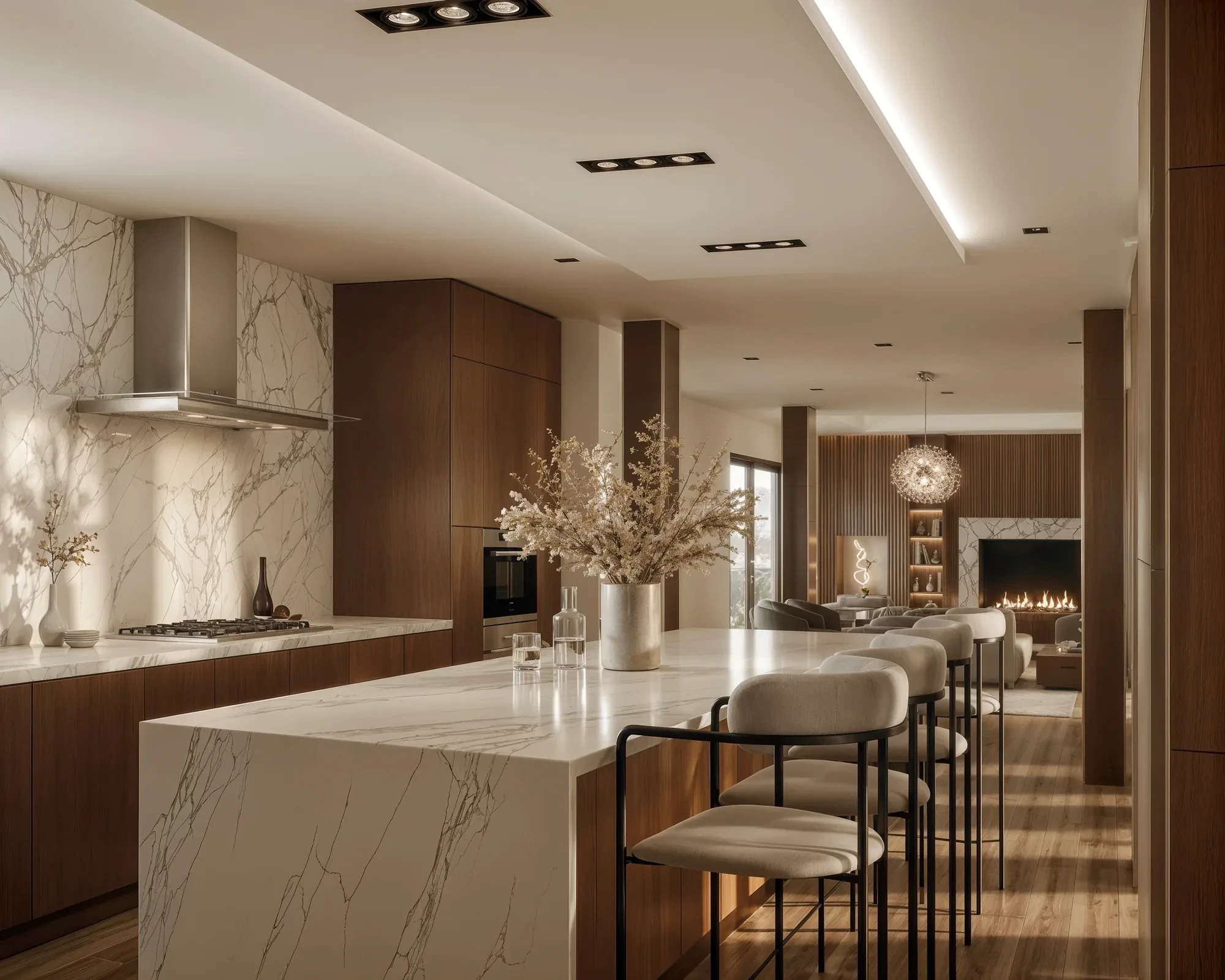 Kitchen with a long marble island