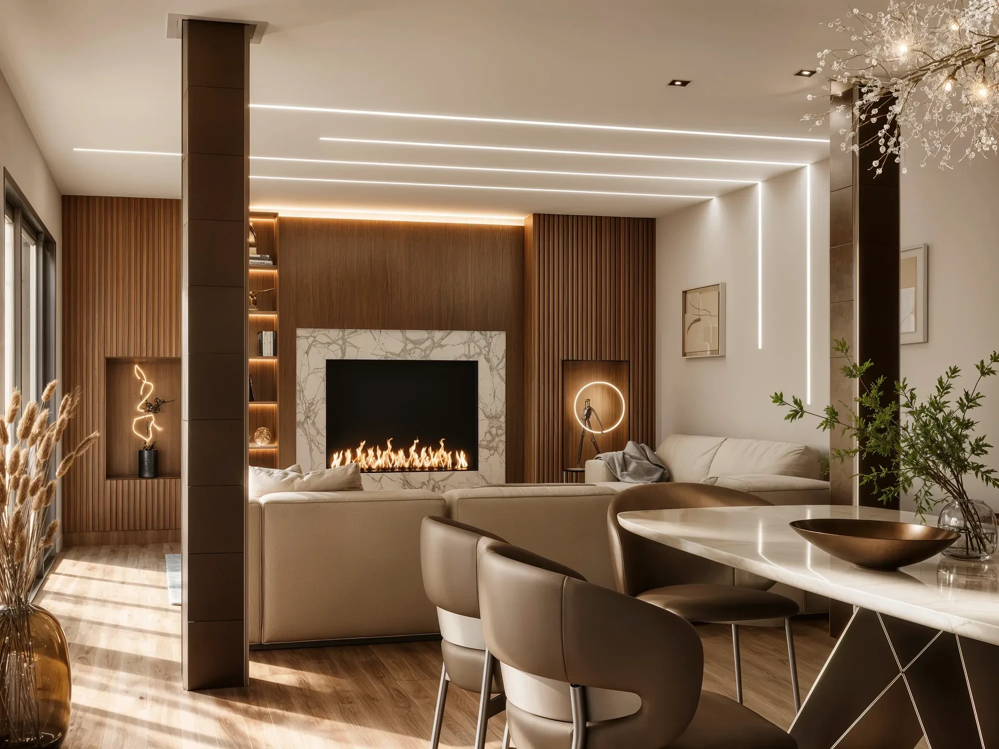 Lounge with a linear fireplace