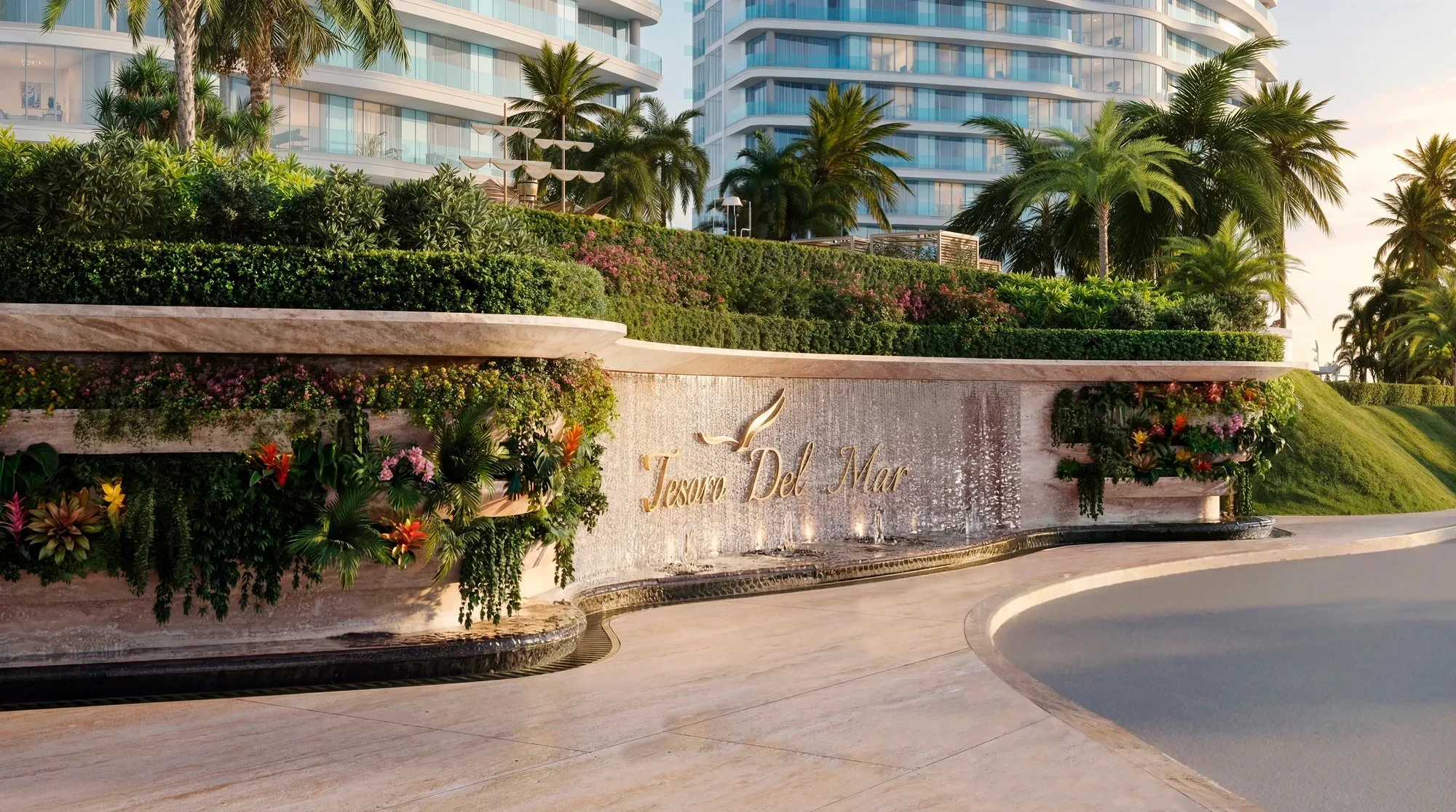 Landscaped arrival court, day to night