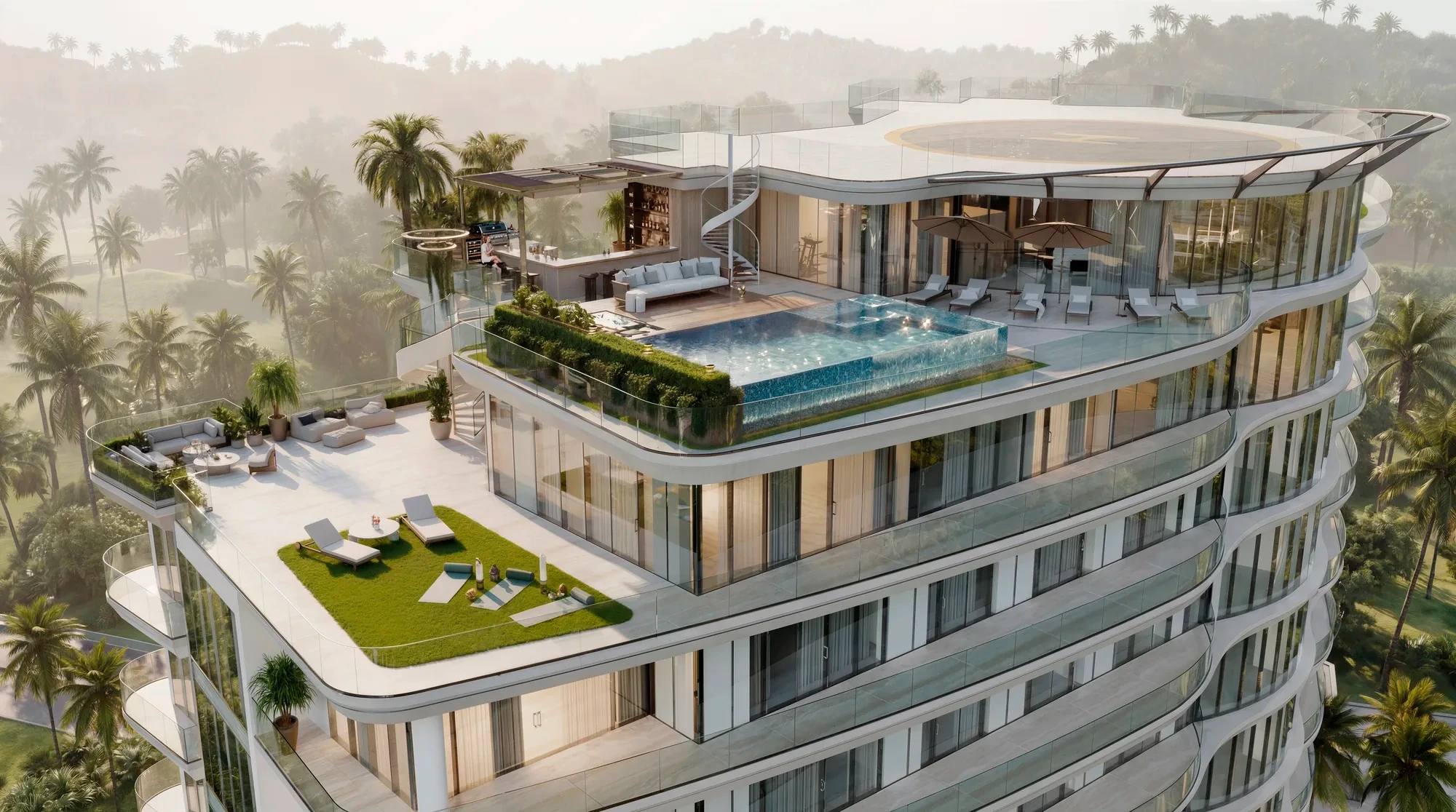 Rooftop terrace and pool, day to night