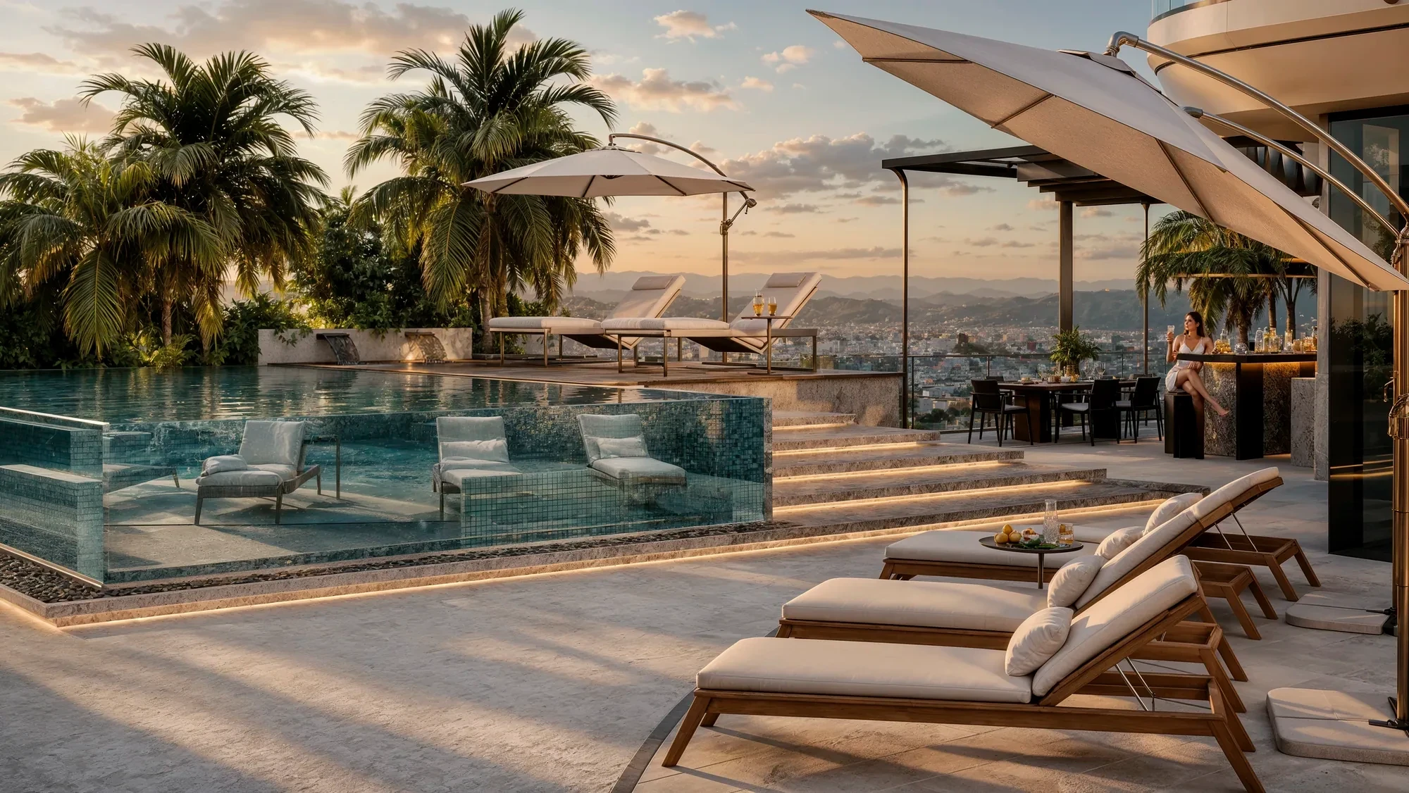 Glass edged pool terrace over the coast