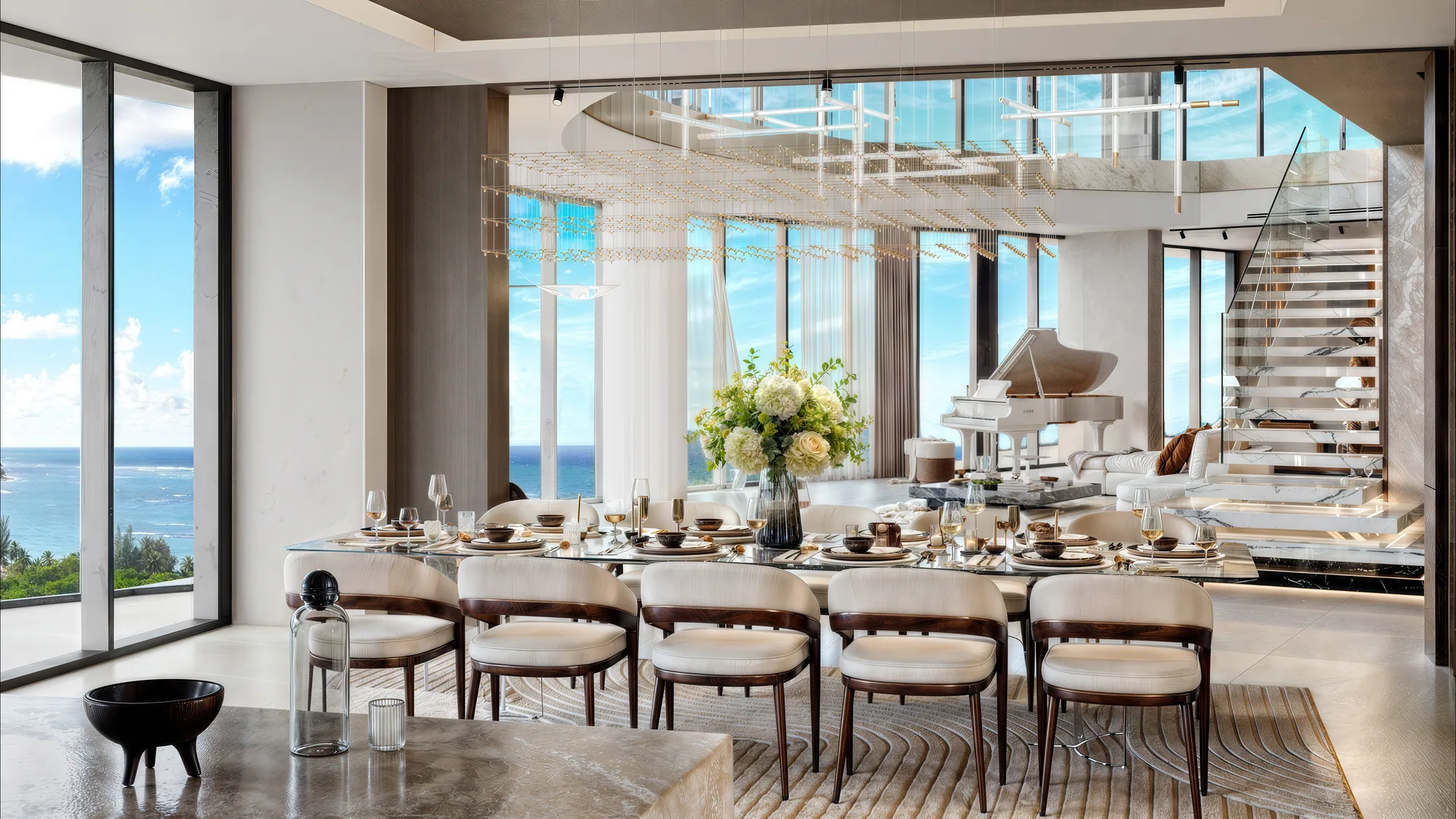 Double height dining room with ocean views