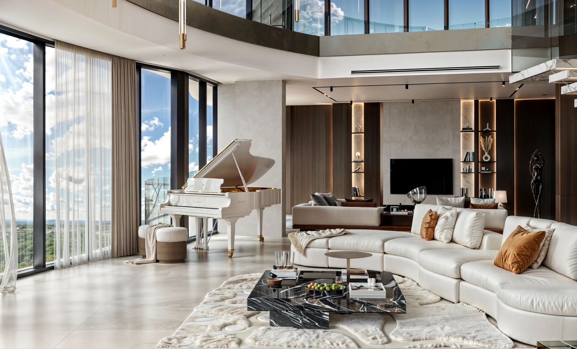 Penthouse living room with a grand piano