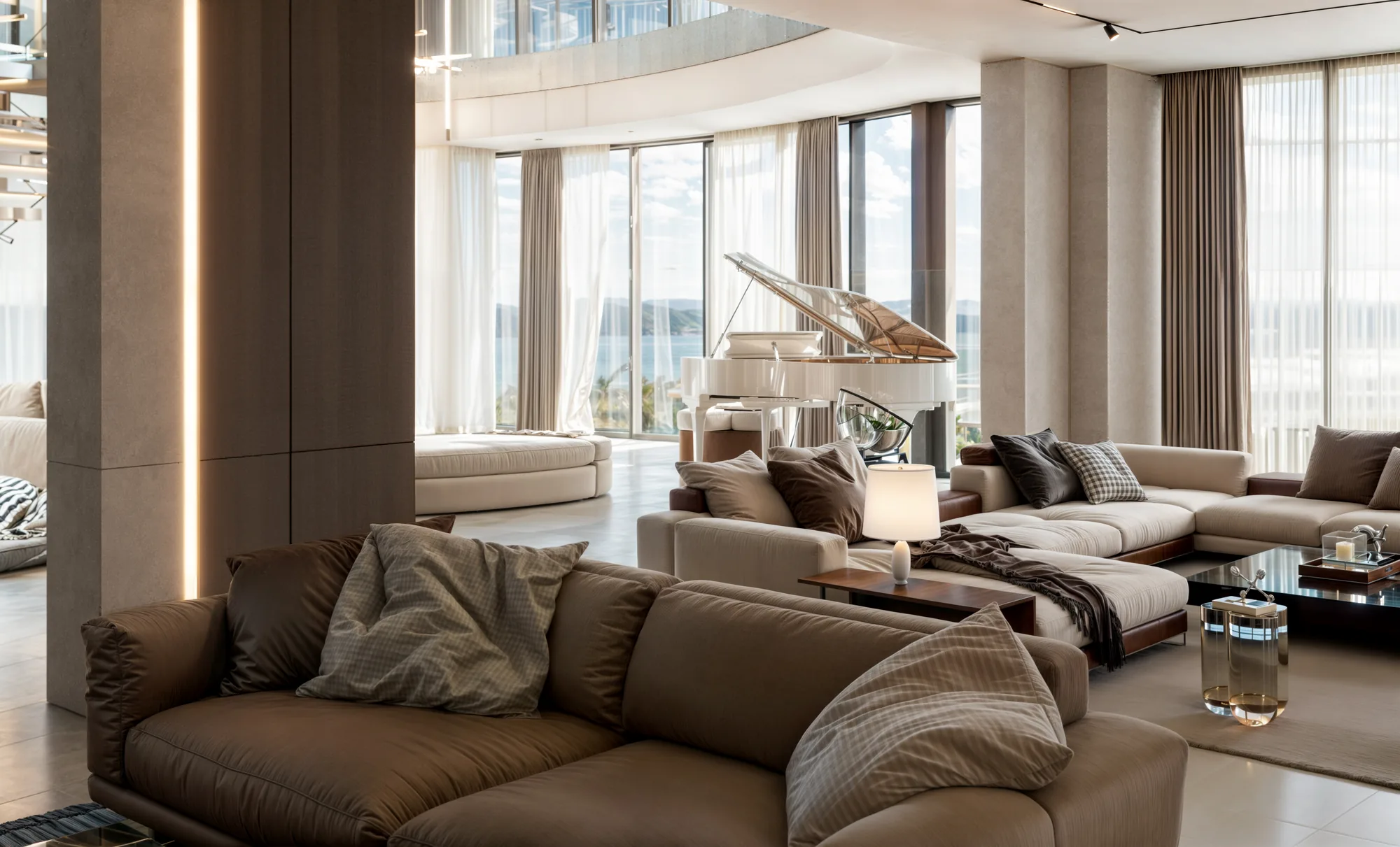 Lounge with a piano and layered seating