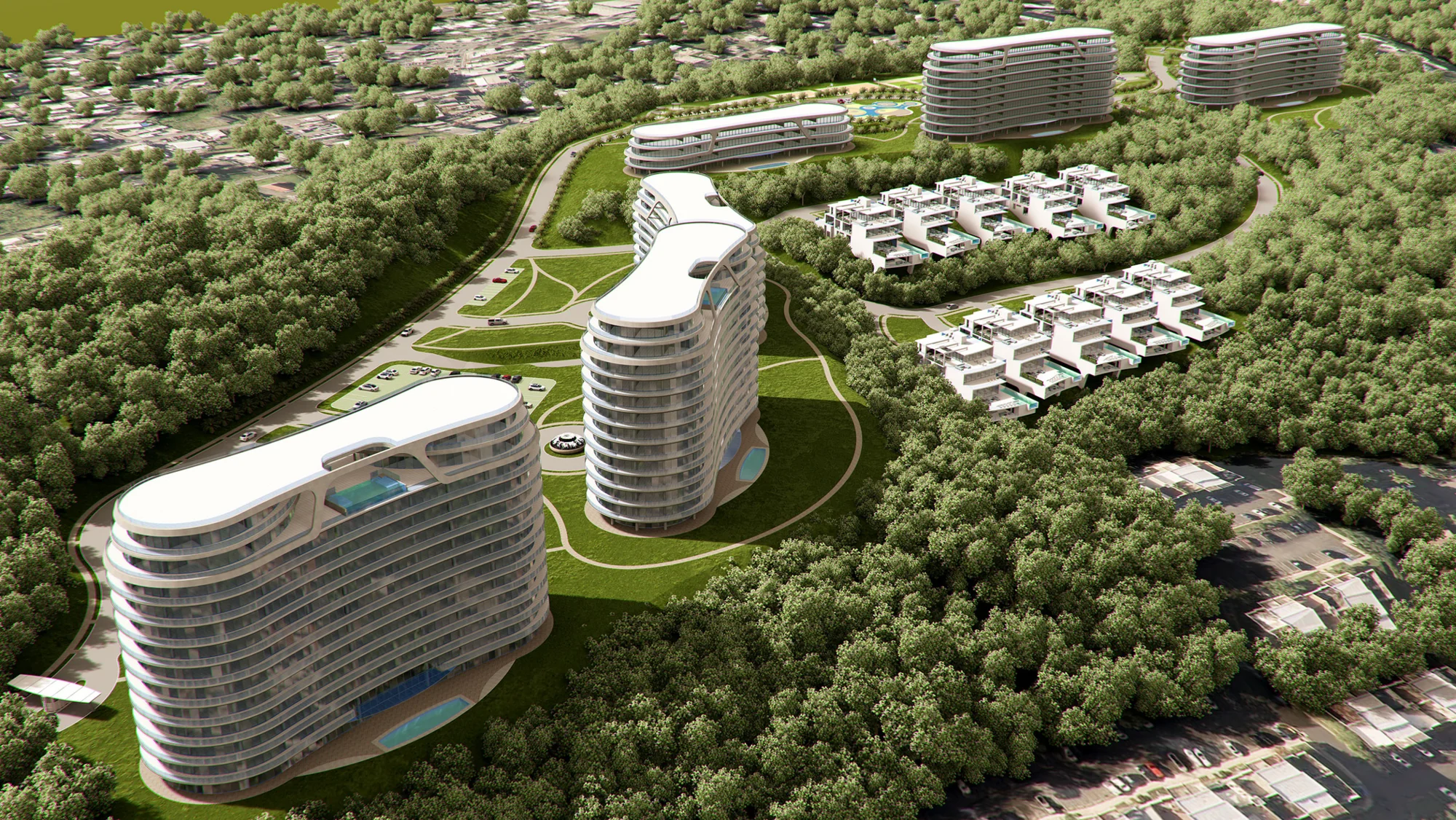 Aerial of the curved residences and terraced villas