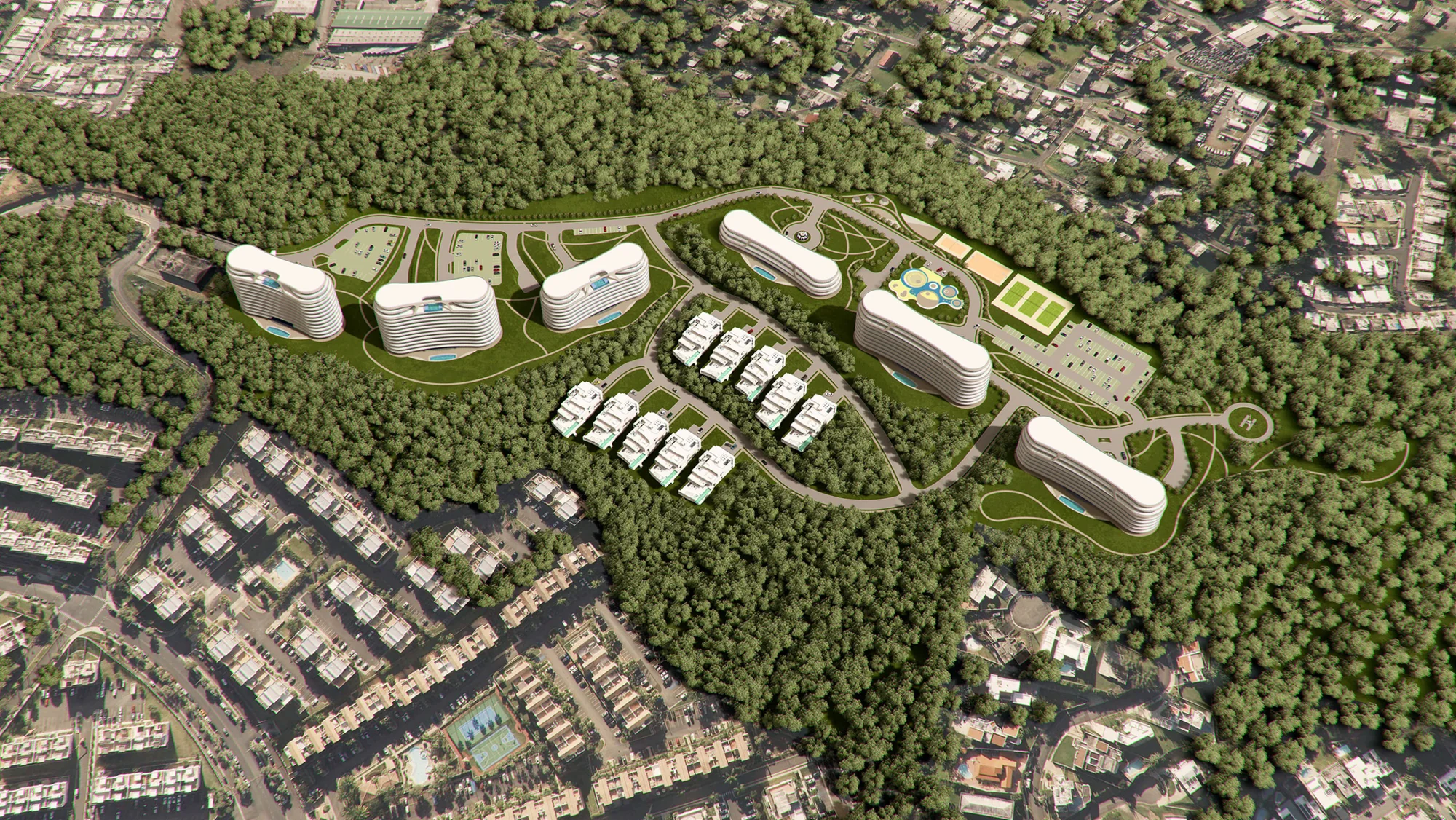 Masterplan aerial over the wooded hilltop