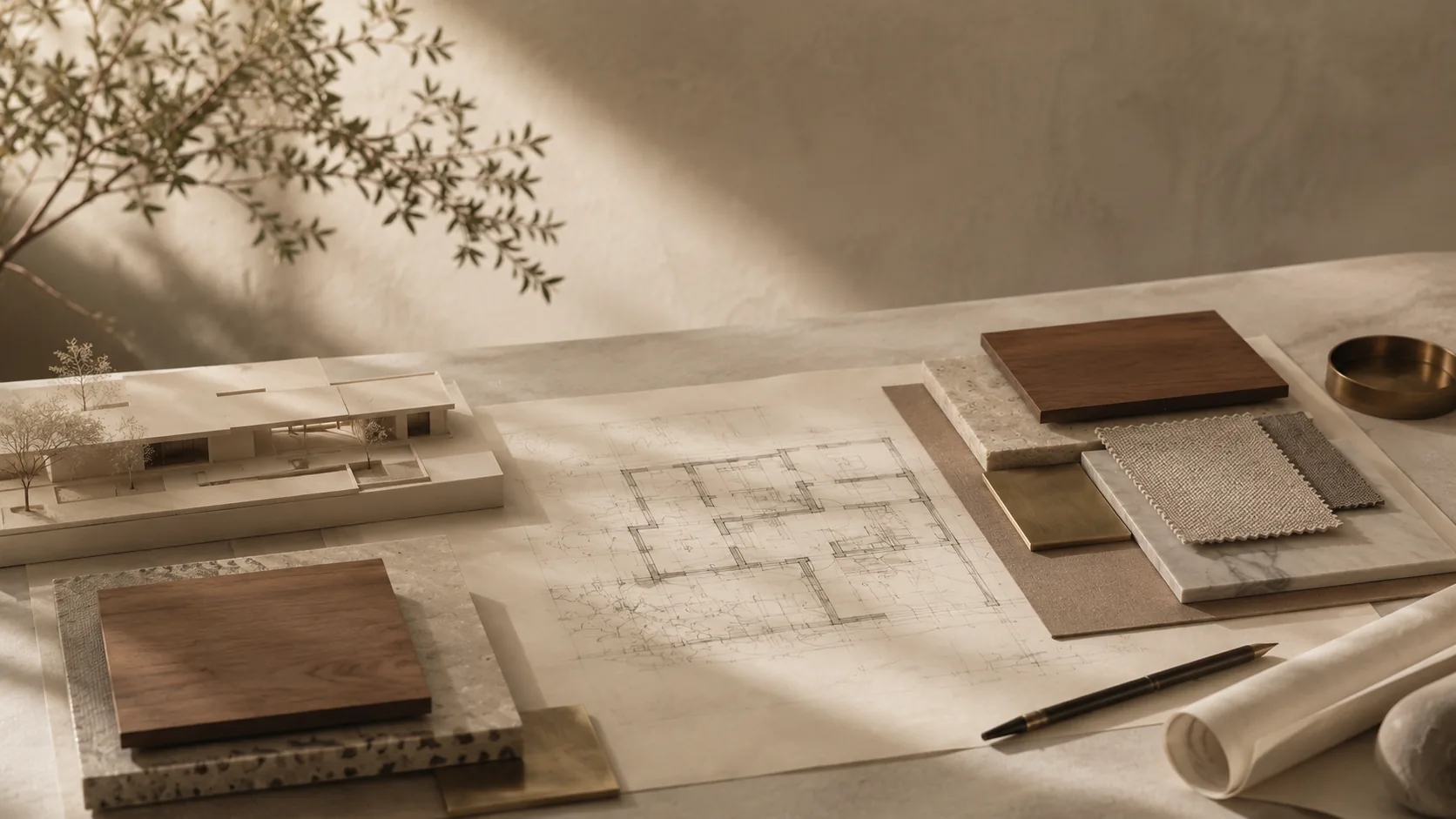 Material palette of walnut, travertine, and brass
